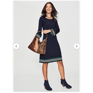 Boden Trudy Knitted Dress Midi Navy Wool Blend Sz 14 Stripe Cuff Hem Work Preppy